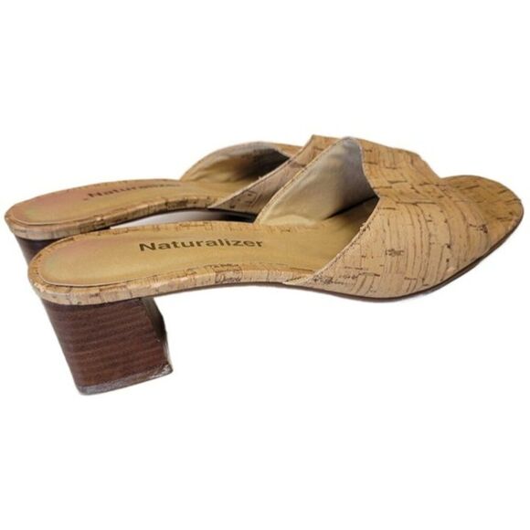 Naturalizer sz 6 1/2 M Slip On Sandals cork chunky heel tan open toe beige S37 - Picture 6 of 11
